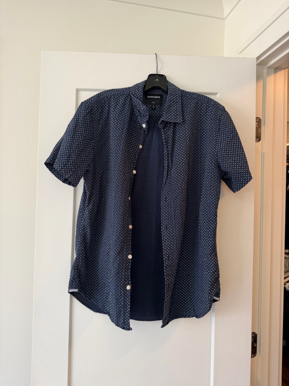 Bonobos Navy Short Sleeve Button-Down with White Micro Dot
